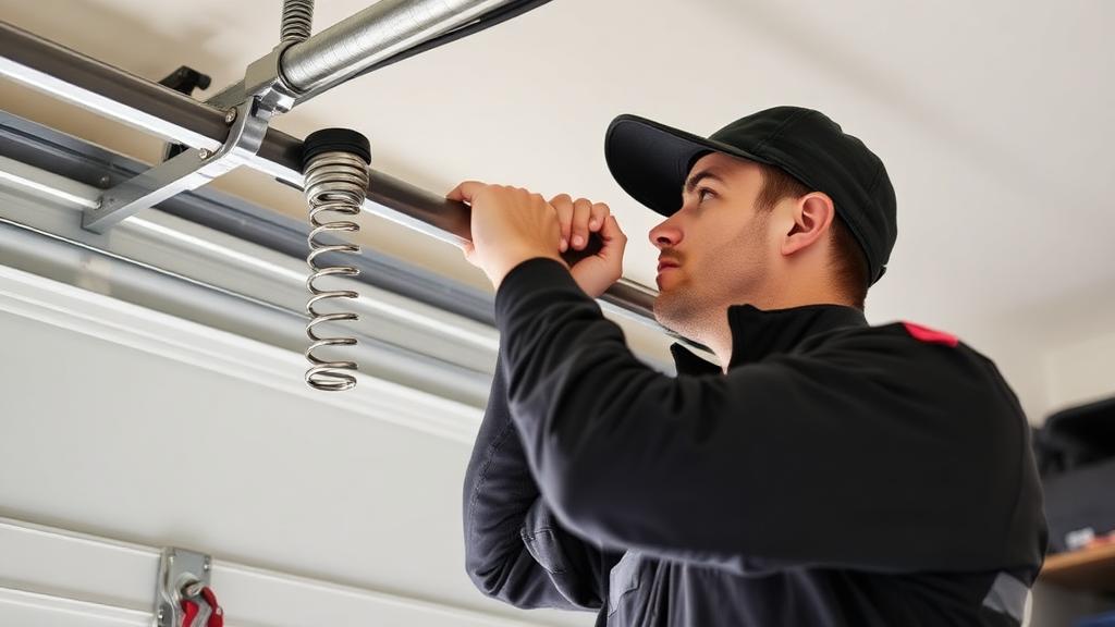 IDA certified garage door technician installing torsion springs with professional safety equipment