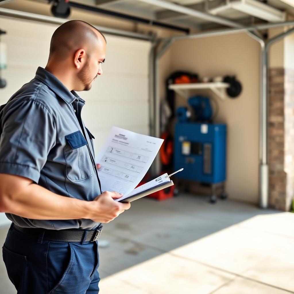 Garage Door Wildwood technician with clipboard explaining repair options to homeowner at their garage